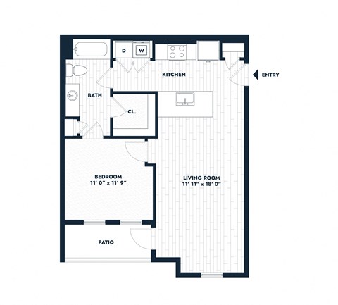 Floor plan for 1 bed, 1 bath, 712 sqft